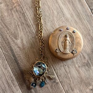 Virgins Saints & Angels Gold Necklace with Blue Crystal